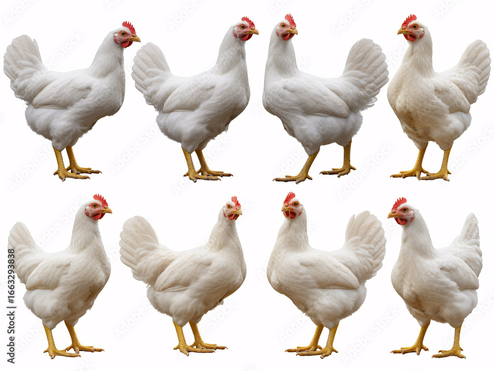 Fototapeta premium Chickens Pattern - White Hens on White Background for Farming, Agriculture or Food Industry