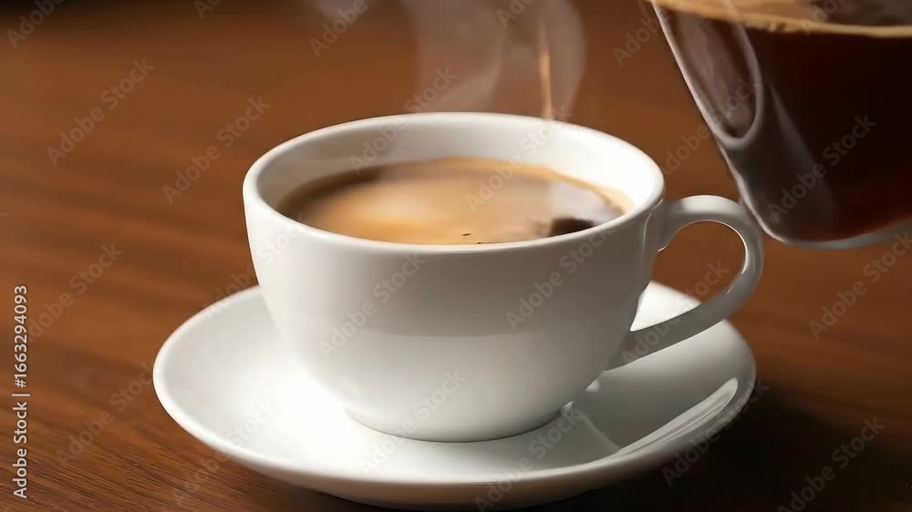 A hot cup of coffee is poured into a white mug and saucer on a wooden surface A hot cup of coffee is poured into a white mug and saucer on a wooden surface