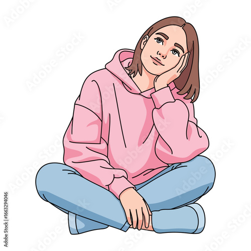 Serene Contemplation: A young person sits cross-legged, lost in thoughtful reflection, adorned in casual attire, in a simple illustration of a moment of peaceful introspection.