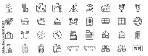 et of hotel and travel line icon and editable stock for Travel Ticket , tropical drink , sea beach , compass , passport , plan , location pin , suitcase and more 
