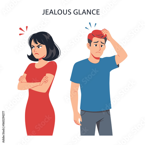 Jealous Glance: In this dynamic illustration, a woman’s crossed arms and furrowed brow express jealousy toward a confused man, capturing complex emotions and social dynamics.