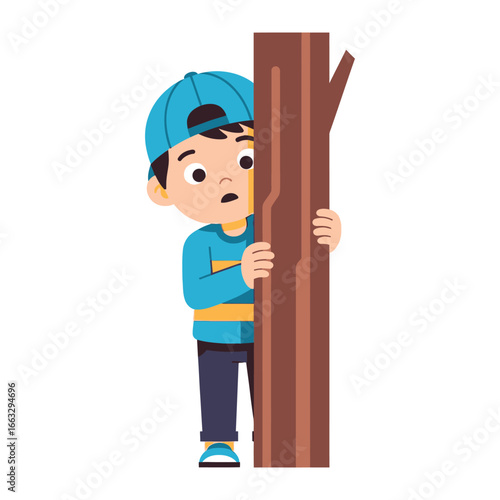 Peek-a-Boo: A curious young boy peers from behind a textured tree, his eyes wide with a sense of wonder, capturing the playful spirit of childhood.