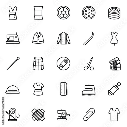 Collection of sewing and tailoring icons representing fabric crafts and apparel design