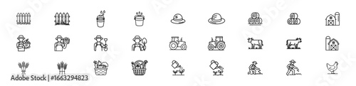 set of farmer activities line icon and editable stock for Farmer with Basket , Fence and Grass , Stacked Hay , Straw Hat, Milk Bucket ,Silo Icon, Basket of Vegetables ,Watering Can and more 