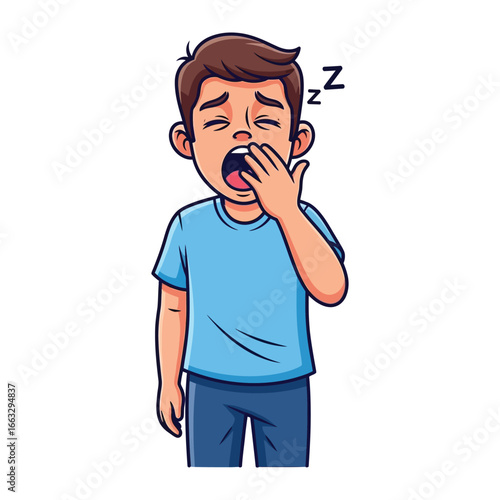 Tired Boy and Yawning: A sleepy illustration portrays a young boy, battling fatigue, his mouth wide in a yawn, hand shielding as a testament to the body's need for rest.