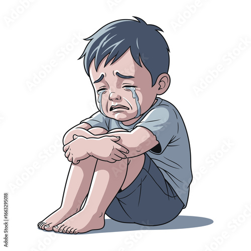 Crying Child: A poignant illustration of a young child in distress, expressing raw emotion through tears and a despondent posture.