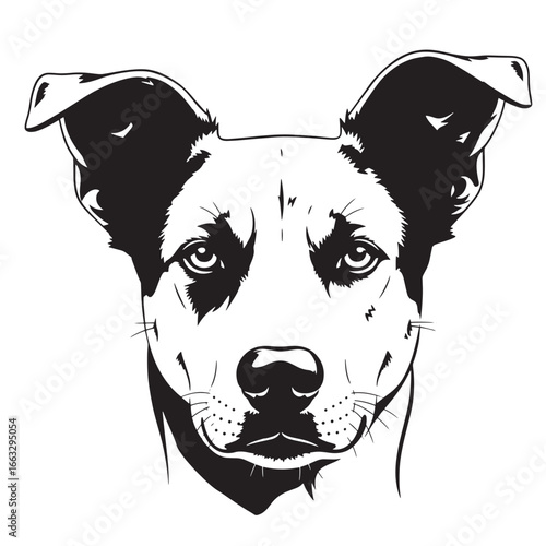 Black and white vector illustration of a dog's head with perked ears, looking directly at the viewer.