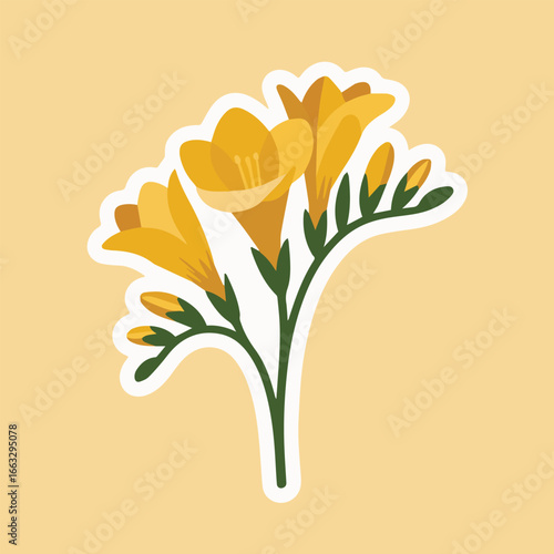 A cheerful freesia sticker with bright yellow petals and green stems, perfect for adding a touch of floral elegance to your designs and isolated on white background