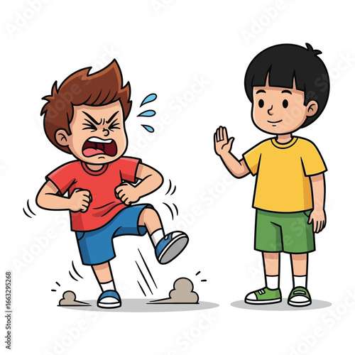 Stop Bullying: This illustration vividly portrays the serious issue of childhood bullying, one child being upset and stomp the ground, while another child peacefully uses a stop gesture.