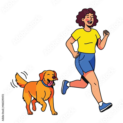 Joyful Run: A vibrant illustration shows a woman and her Golden Retriever enjoying a run together, embodying the spirit of active living and happiness.