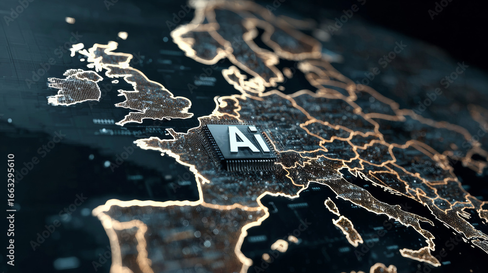 Naklejka premium Artificial Intelligence Integration in Europe Shown by a CPU on a Digital Glowing Map 