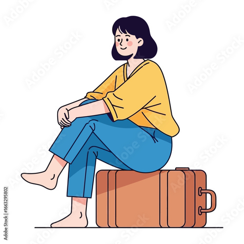 Waiting for Journey: A young woman sits atop a vintage suitcase, personifying the anticipation and excitement of travel. Capturing a moment of pause before adventure