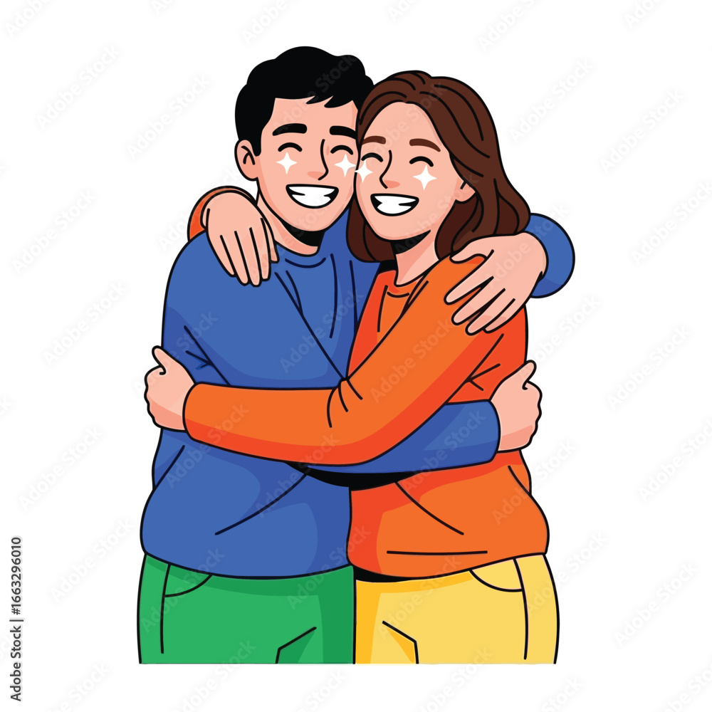 Joyful Embrace: A vibrant illustration showcases a pair of individuals locked in a warm embrace, radiating affection and camaraderie with shining eyes, against a clean backdrop. Joyful Embrace: A vibrant illustration showcases a pair of individuals locked in a warm embrace, radiating affection and camaraderie with shining eyes, against a clean backdrop.