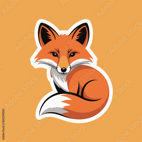Illustration of a cute fox with orange fur and a white tail, a cartoon character with a friendly expression, isolated on a light orange background