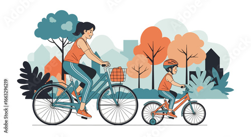 Adobe illustrator artwork vector illustration. A smiling mother and her young son wearing a helmet enjoy a leisurely bicycle ride through a scenic park with trees and houses in the distance