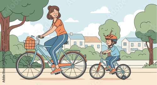 Adobe illustrator artwork vector illustration. A smiling mother and her young son wearing a helmet enjoy a leisurely bicycle ride through a scenic park with trees and houses in the distance