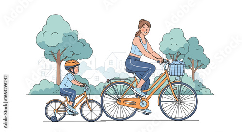 Adobe illustrator artwork vector illustration. A smiling mother and her young son wearing a helmet enjoy a leisurely bicycle ride through a scenic park with trees and houses in the distance