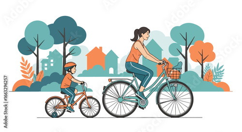 Adobe illustrator artwork vector illustration. A smiling mother and her young son wearing a helmet enjoy a leisurely bicycle ride through a scenic park with trees and houses in the distance