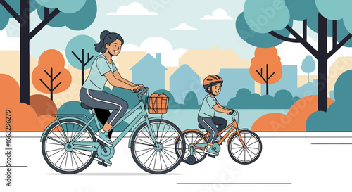 Adobe illustrator artwork vector illustration. A smiling mother and her young son wearing a helmet enjoy a leisurely bicycle ride through a scenic park with trees and houses in the distance