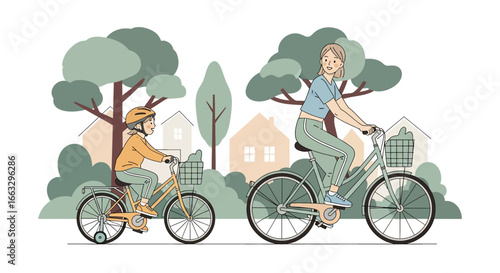 Adobe illustrator artwork vector illustration. A smiling mother and her young son wearing a helmet enjoy a leisurely bicycle ride through a scenic park with trees and houses in the distance