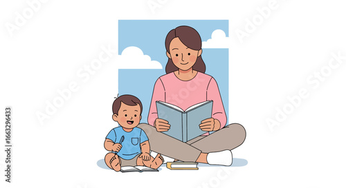 Adobe illustrator artwork vector illustration. A loving mother sitting cross-legged, reading a book to her happy toddler son who is nestled in her lap against a soft cloudy background