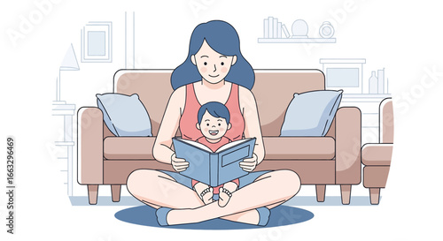 Adobe illustrator artwork vector illustration. A loving mother sitting cross-legged, reading a book to her happy toddler son who is nestled in her lap against a soft cloudy background