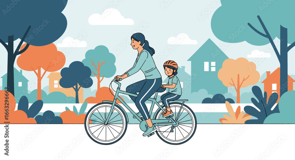 Naklejka premium Adobe illustrator artwork vector illustration. A mother and child wearing helmets enjoy a bicycle ride together through a suburban neighborhood with trees and houses on a sunny day.
