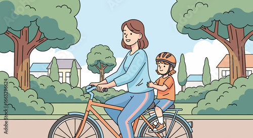 Adobe illustrator artwork vector illustration. A mother and child wearing helmets enjoy a bicycle ride together through a suburban neighborhood with trees and houses on a sunny day.