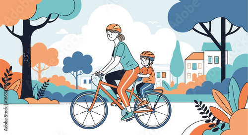 Adobe illustrator artwork vector illustration. A mother and child wearing helmets enjoy a bicycle ride together through a suburban neighborhood with trees and houses on a sunny day.