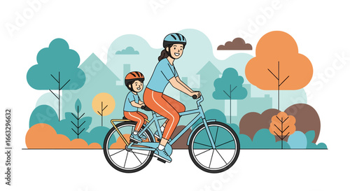 Adobe illustrator artwork vector illustration. A mother and child wearing helmets enjoy a bicycle ride together through a suburban neighborhood with trees and houses on a sunny day.