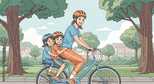 Adobe illustrator artwork vector illustration. A mother and child wearing helmets enjoy a bicycle ride together through a suburban neighborhood with trees and houses on a sunny day.