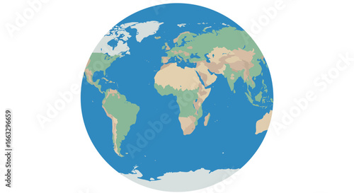 Illustrated World Map Globe with Continents and Oceans Depicted.