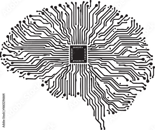 Circuit Brain — stylized black-and-white illustration of a human brain formed from electronic pathways and a central microchip