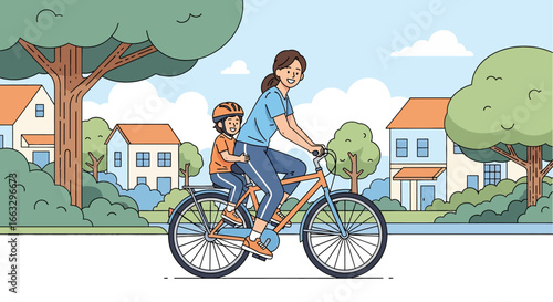 Adobe illustrator artwork vector illustration. A mother and child wearing helmets enjoy a bicycle ride together through a suburban neighborhood with trees and houses on a sunny day.