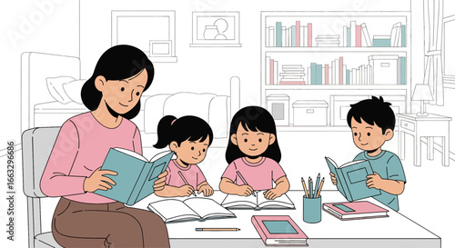 Adobe illustrator artwork vector illustration. A mother reading a book aloud to her two attentive children who are also reading at a desk in a cozy room with a bookshelf and lamp
