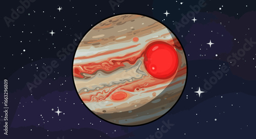 Cartoon Illustration of Jupiter with Great Red Spot in Space.