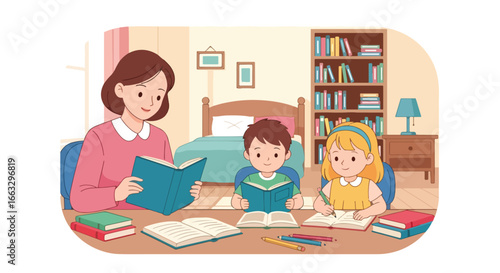 Adobe illustrator artwork vector illustration. A mother reading a book aloud to her two attentive children who are also reading at a desk in a cozy room with a bookshelf and lamp