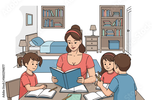 Adobe illustrator artwork vector illustration. A mother reading a book aloud to her two attentive children who are also reading at a desk in a cozy room with a bookshelf and lamp