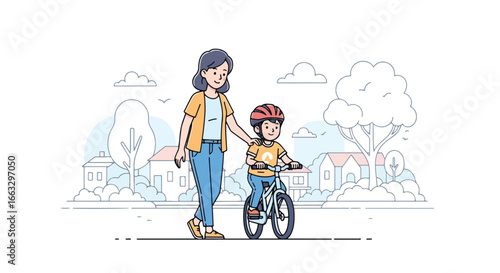 Adobe illustrator artwork vector illustration. A mother and child wearing helmets enjoy a bicycle ride together through a suburban neighborhood with trees and houses on a sunny day