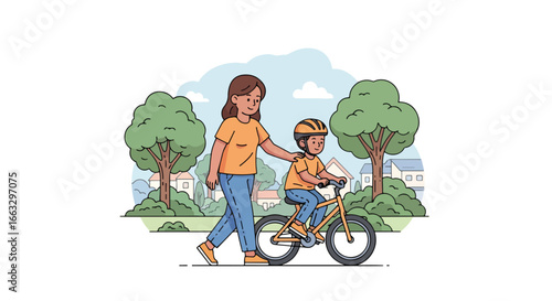 Adobe illustrator artwork vector illustration. A mother and child wearing helmets enjoy a bicycle ride together through a suburban neighborhood with trees and houses on a sunny day