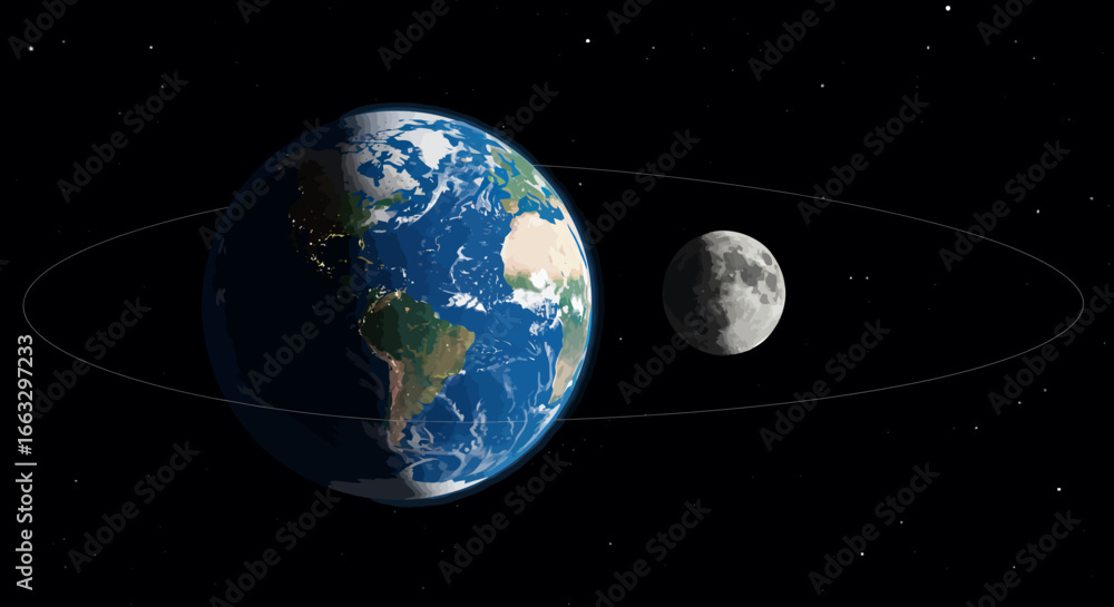 Fototapeta premium Earth and Moon Orbiting in Starry Space.