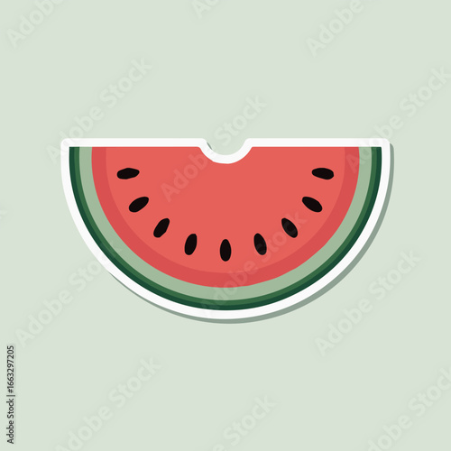 A watermelon slice sticker with red flesh, black seeds, and a green rind, isolated on a white background, evoking a sense of summer freshness and healthy eating