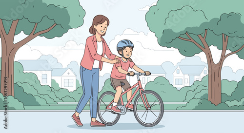 Adobe illustrator artwork vector illustration. A mother and child wearing helmets enjoy a bicycle ride together through a suburban neighborhood with trees and houses on a sunny day