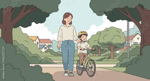 Adobe illustrator artwork vector illustration. A mother and child wearing helmets enjoy a bicycle ride together through a suburban neighborhood with trees and houses on a sunny day