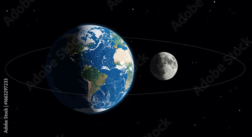 Earth and Moon Orbiting in Starry Space.
