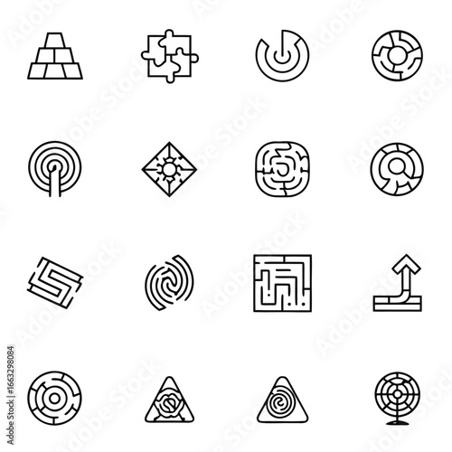 Collection of abstract line art icons representing challenges and solutions
