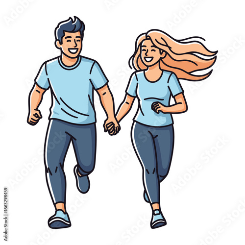 Couple Running: A vibrant depiction of a couple enjoying a morning jog, hand in hand, radiating happiness and vitality. Capturing the essence of their joyful partnership and active lifestyle.