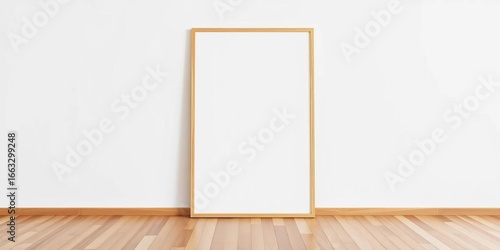 Blank poster frame mockup against white wall, wooden floor Minimalist design,  empty,  vertical