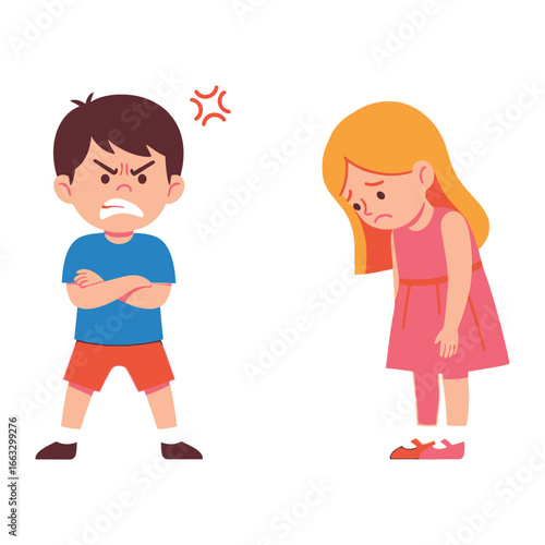 Conflict Illustration: A visual depiction of childhood conflict shows an angry boy confronting a sad girl, with visual cues indicating their differing emotional states.