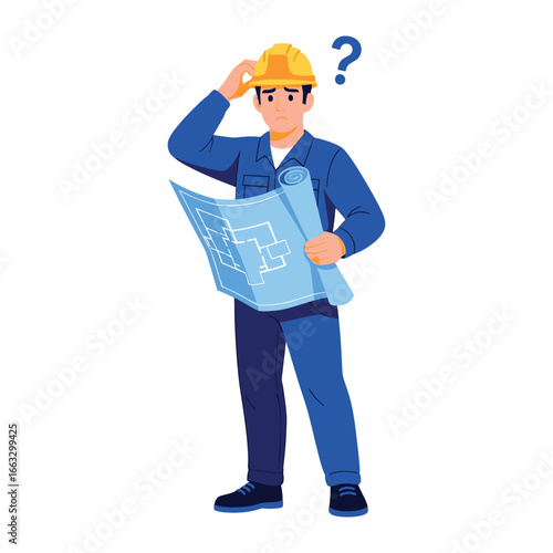 Architectural Conundrum: An architect contemplates blueprints, with a thoughtful frown and a questioning gesture, as a construction worker, he grapples with the intricacies of his plans.